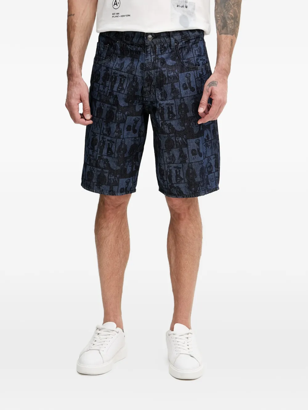 Armani Exchange graphic-print denim shorts - Blu