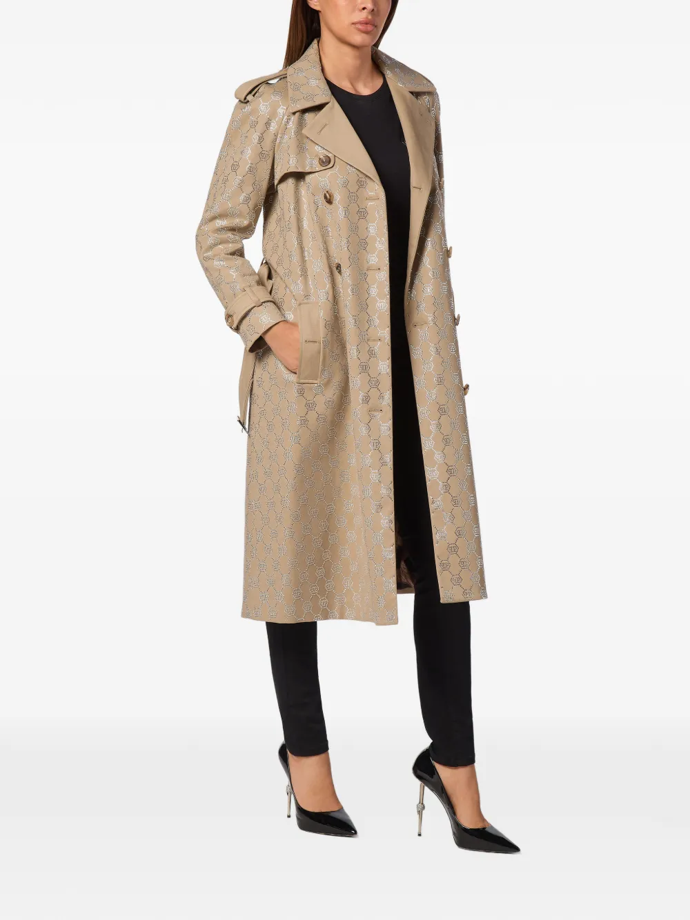 Philipp Plein Trenchcoat met monogram en ceintuur Beige