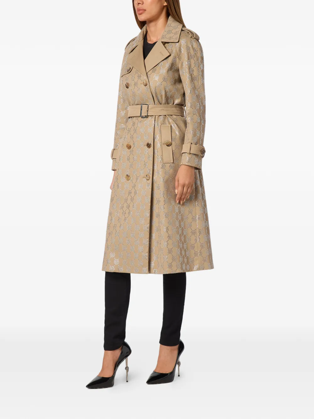 Philipp Plein Trenchcoat met monogram en ceintuur Beige
