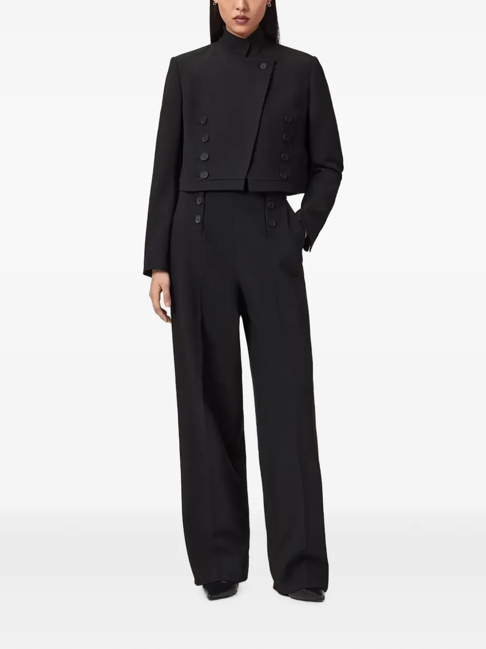 AllSaints Raina broek met wijde pijpen en knoop detail Zwart