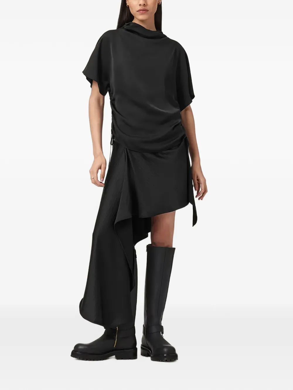 AllSaints Leslie top met ronde hals en ruches Zwart