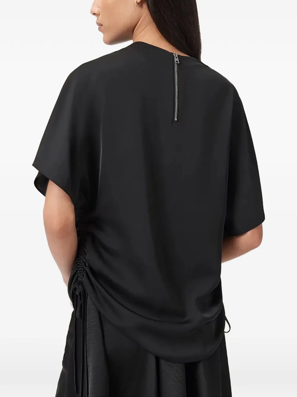 AllSaints Leslie top met ronde hals en ruches Zwart