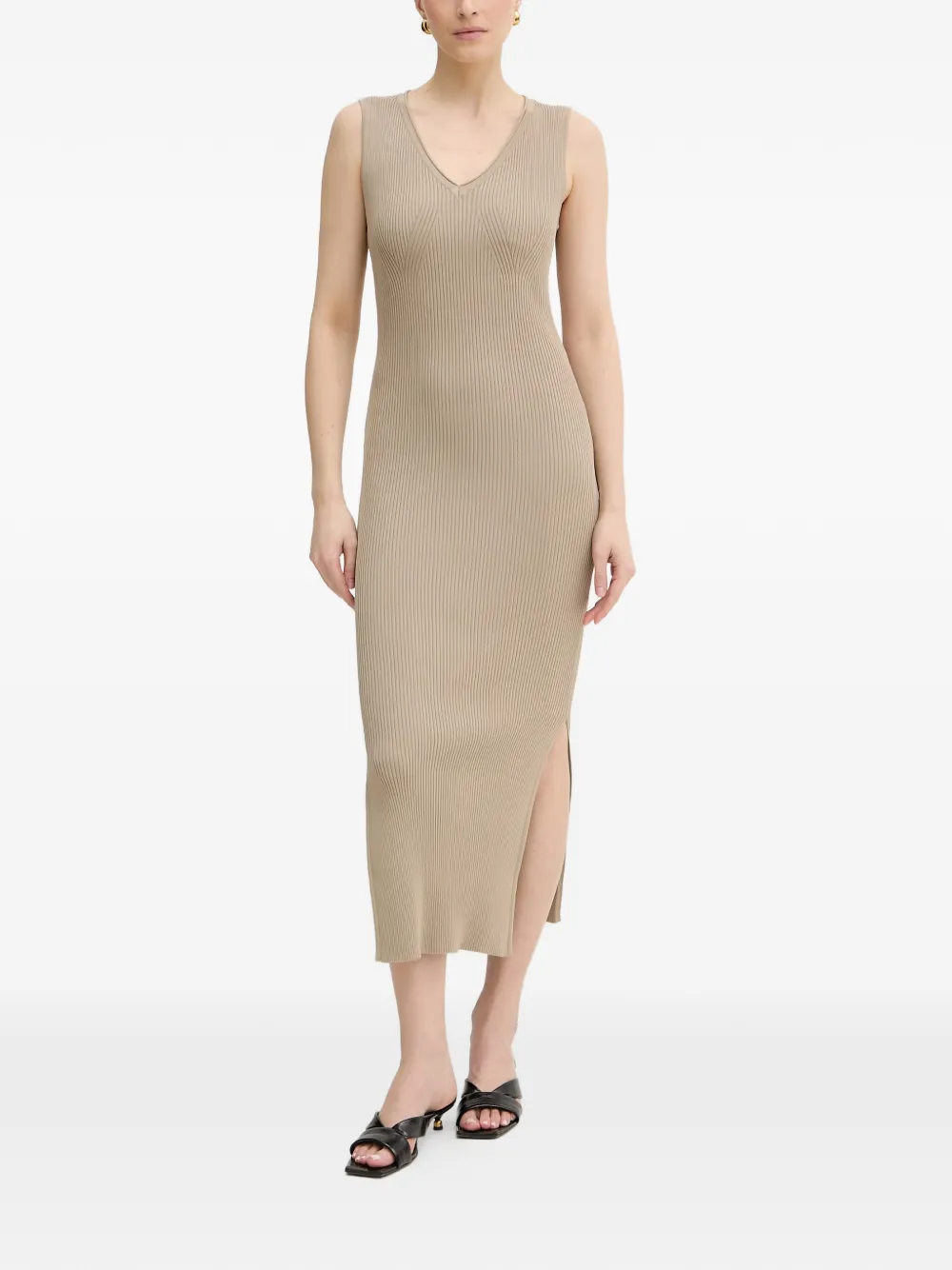 Armani Exchange ribbed-knit V-neck midi dress - Neutrals