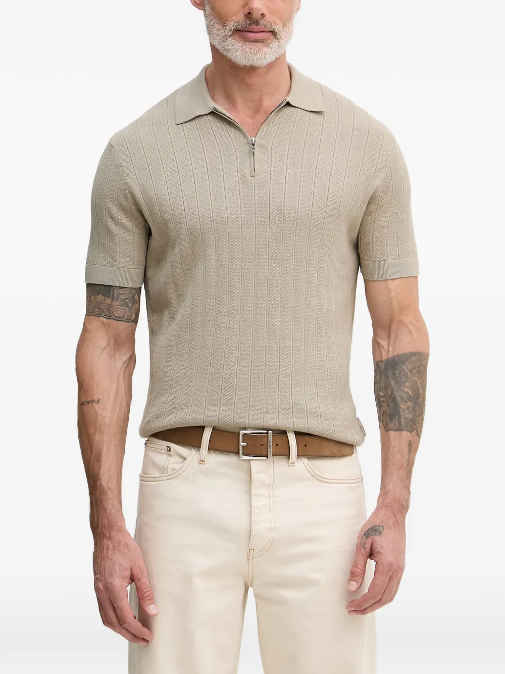 Armani Exchange Ribbed-knit Zip-fastening Polo Shirt In Neutral