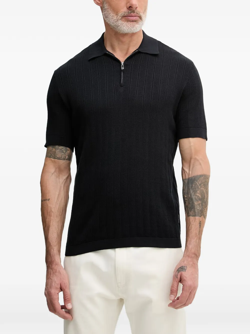 Armani Exchange Ribbed Zip-fastening Polo Shirt In Black