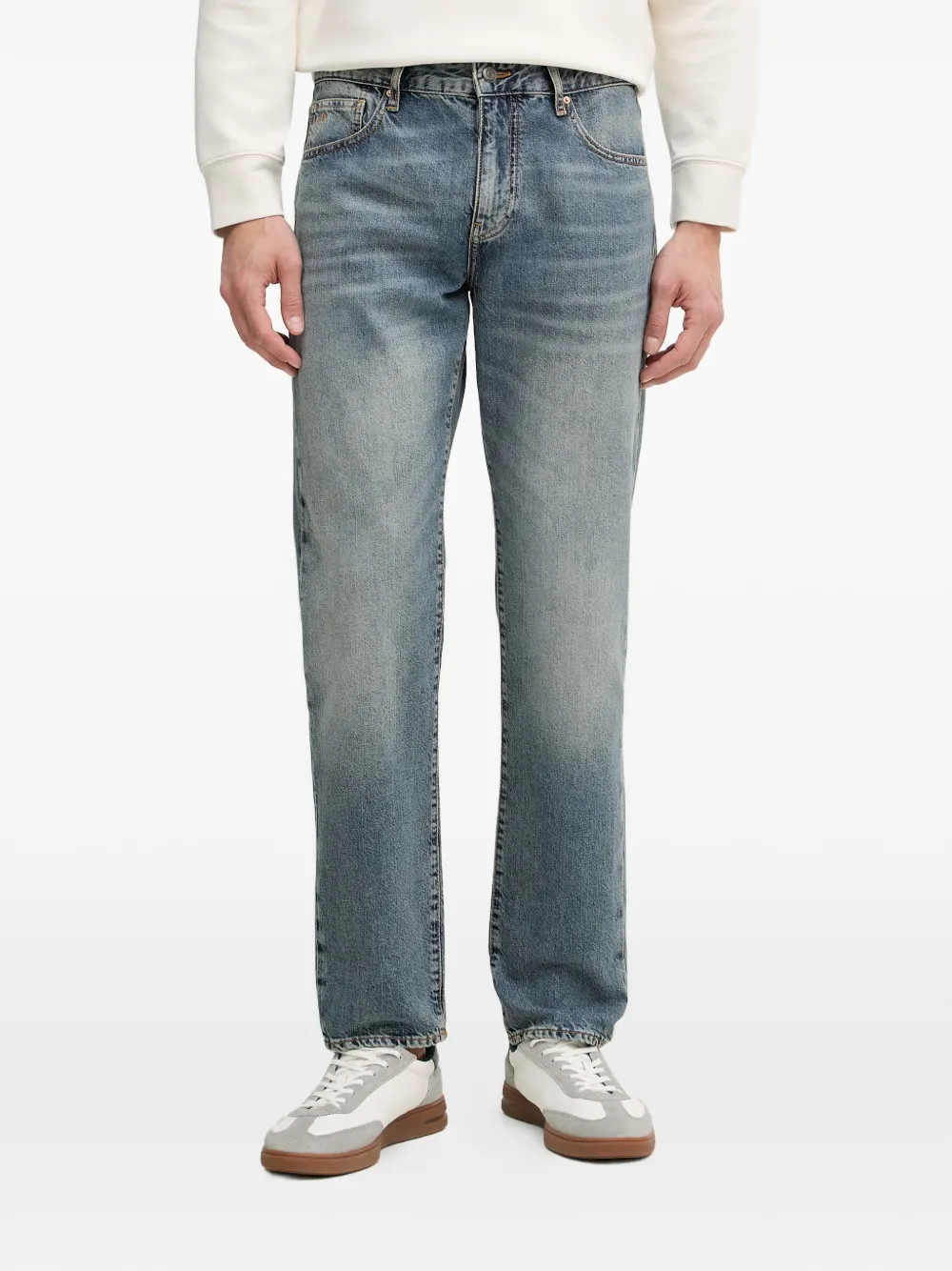 Armani Exchange logo-embroidered stonewashed jeans - Blu