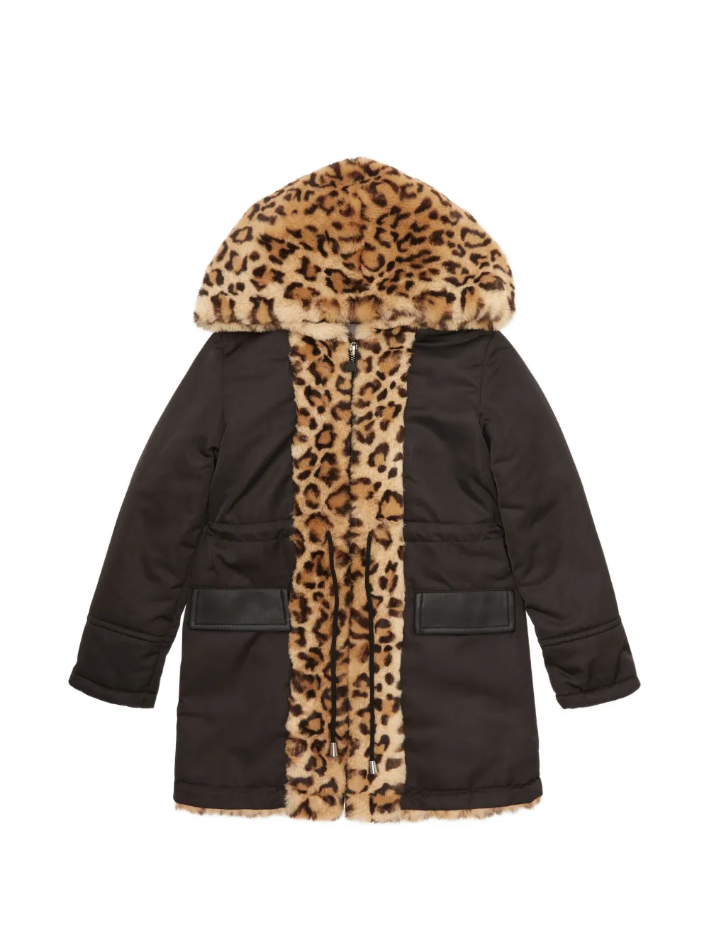 Philipp Plein Junior leopard-print faux-fur-trim coat - Braun