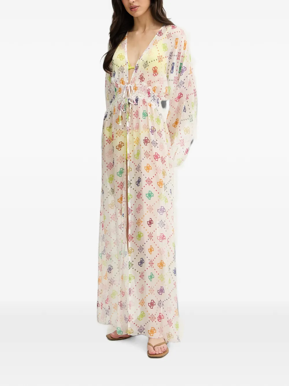 GUESS USA Kimono met monogramprint en gesmockte taille Wit
