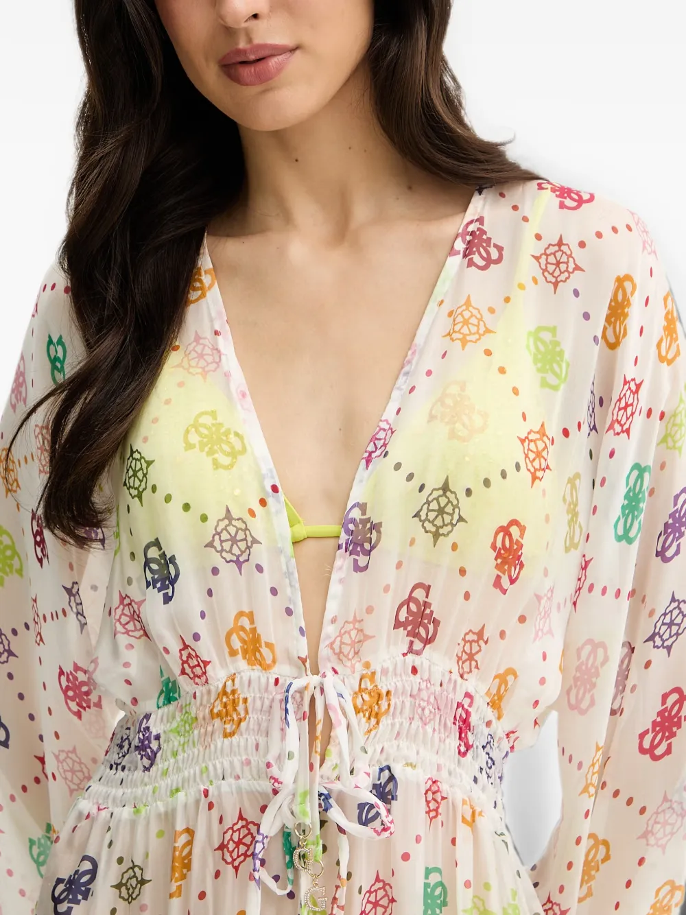 GUESS USA Kimono met monogramprint en gesmockte taille Wit