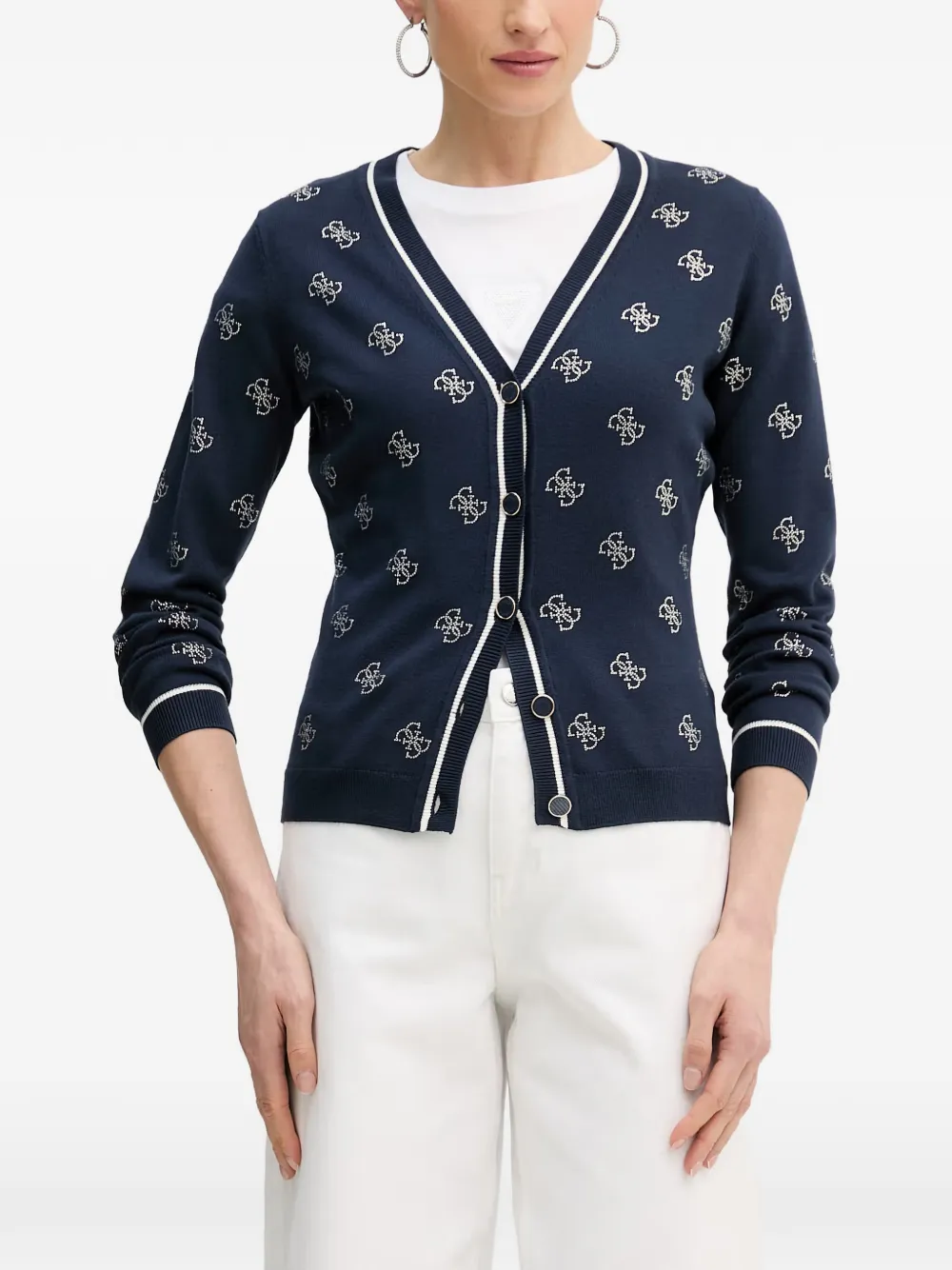GUESS USA crystal-embellished logo-print cardigan - Blue