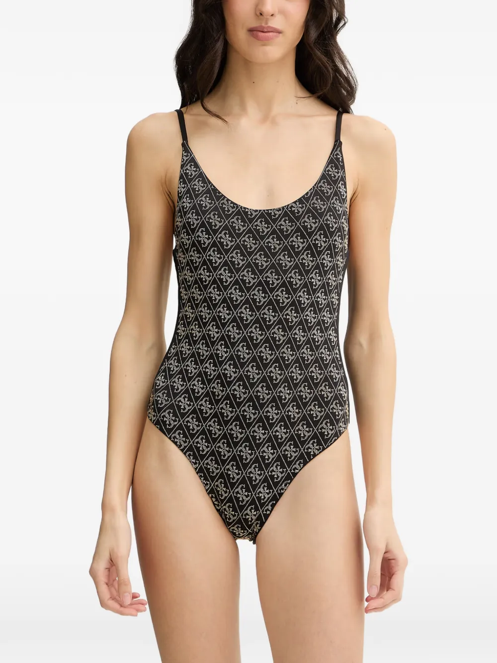 GUESS USA rhinestone-embellished monogram swimsuit - Schwarz