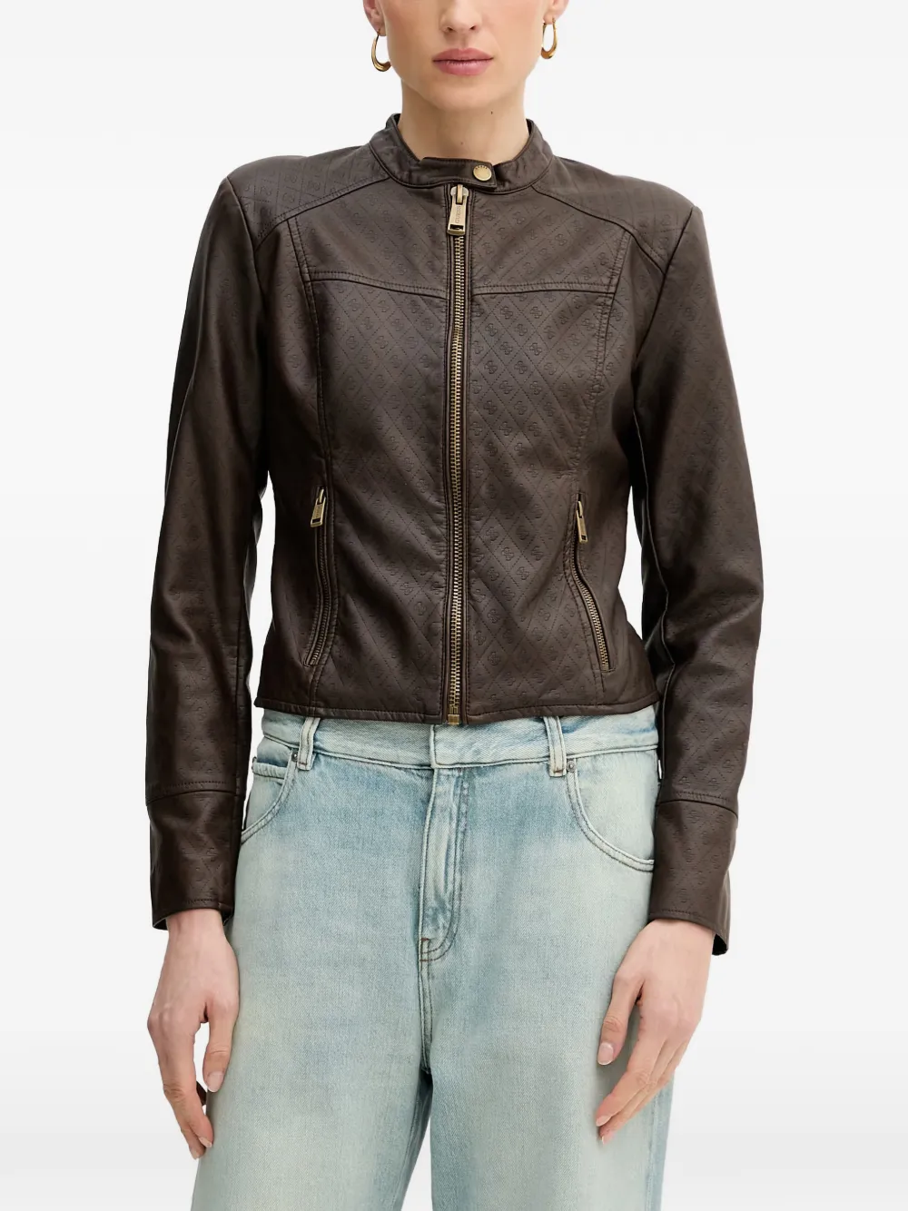GUESS USA monogram-embossed band-collar jacket - Brown