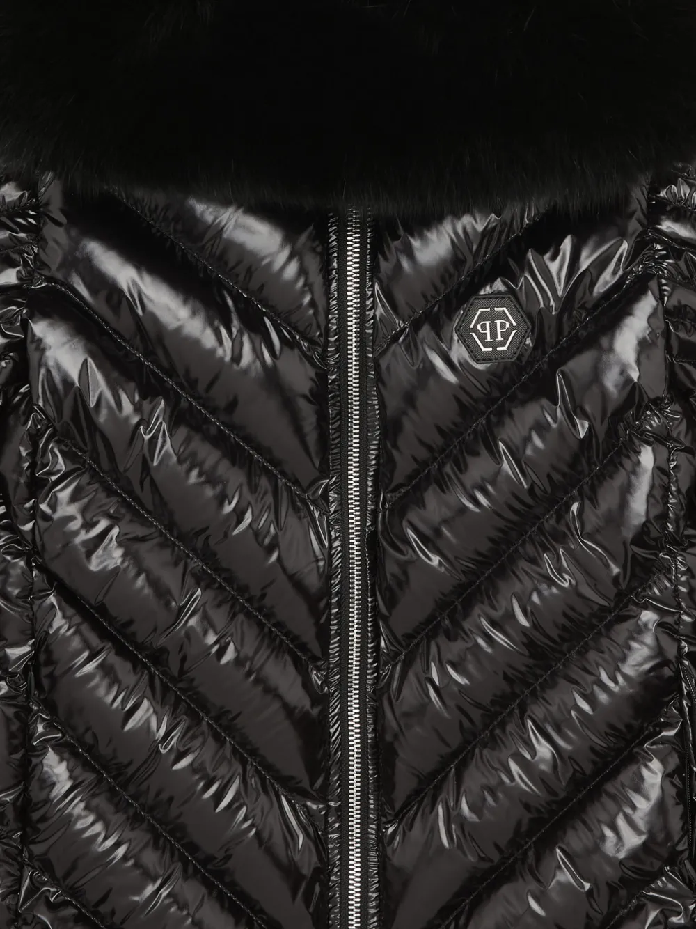 Philipp Plein Junior Donsjack met monogram en vos Zwart