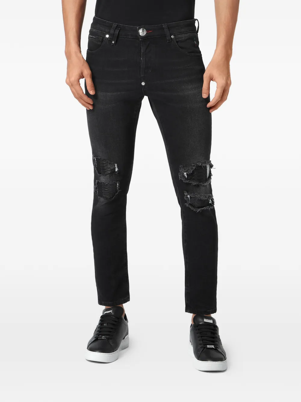 Philipp Plein Gerafelde jeans met python-patch Zwart