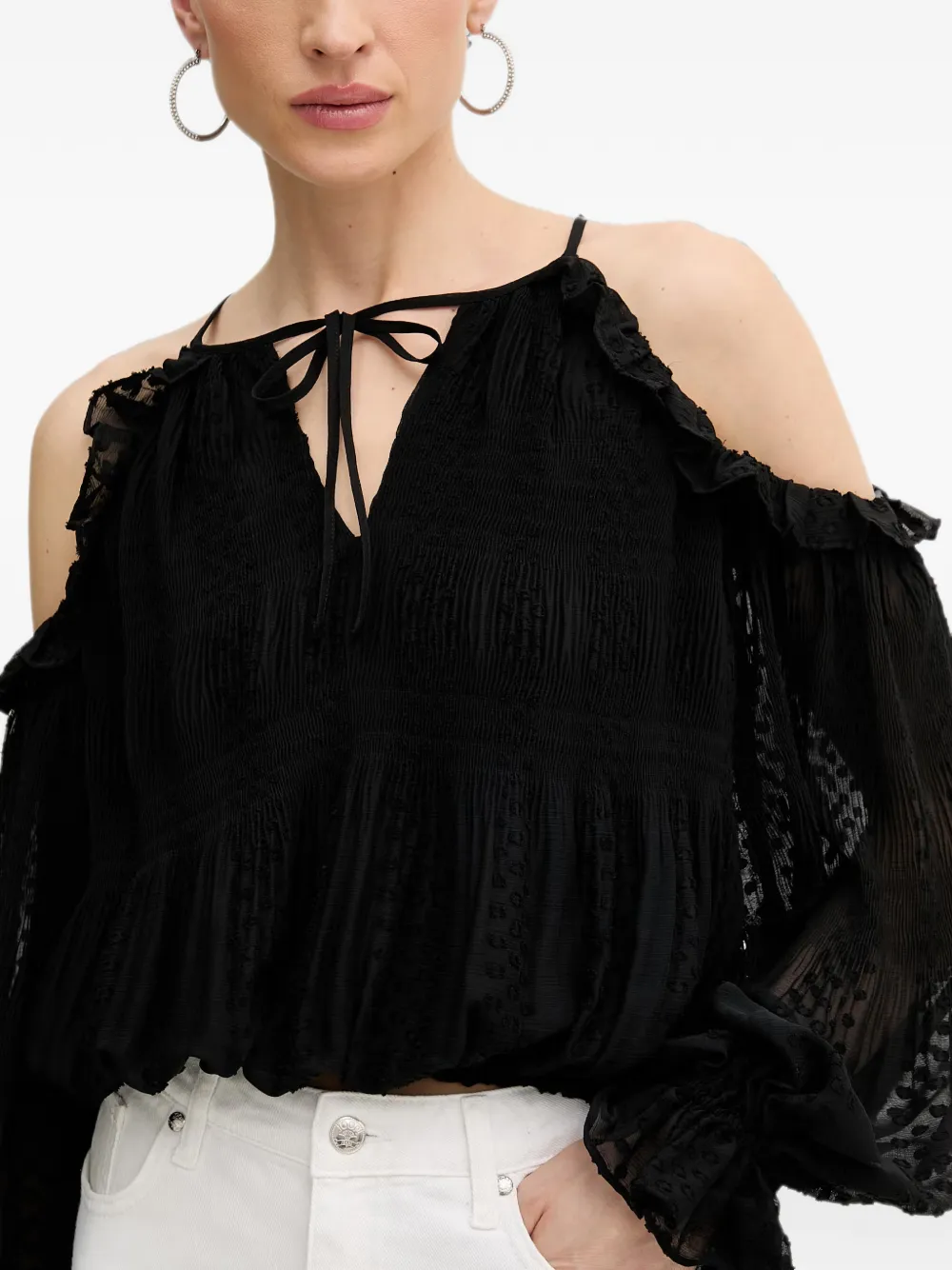 GUESS USA Blouse met open schouders en ruches Zwart