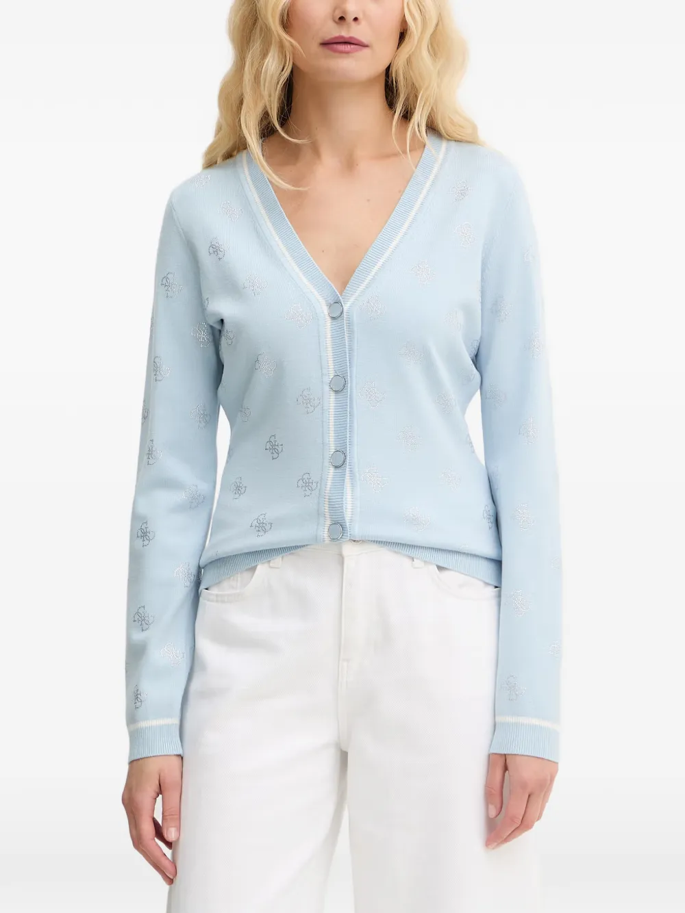GUESS USA rhinestone logo-pattern cardigan - Blue