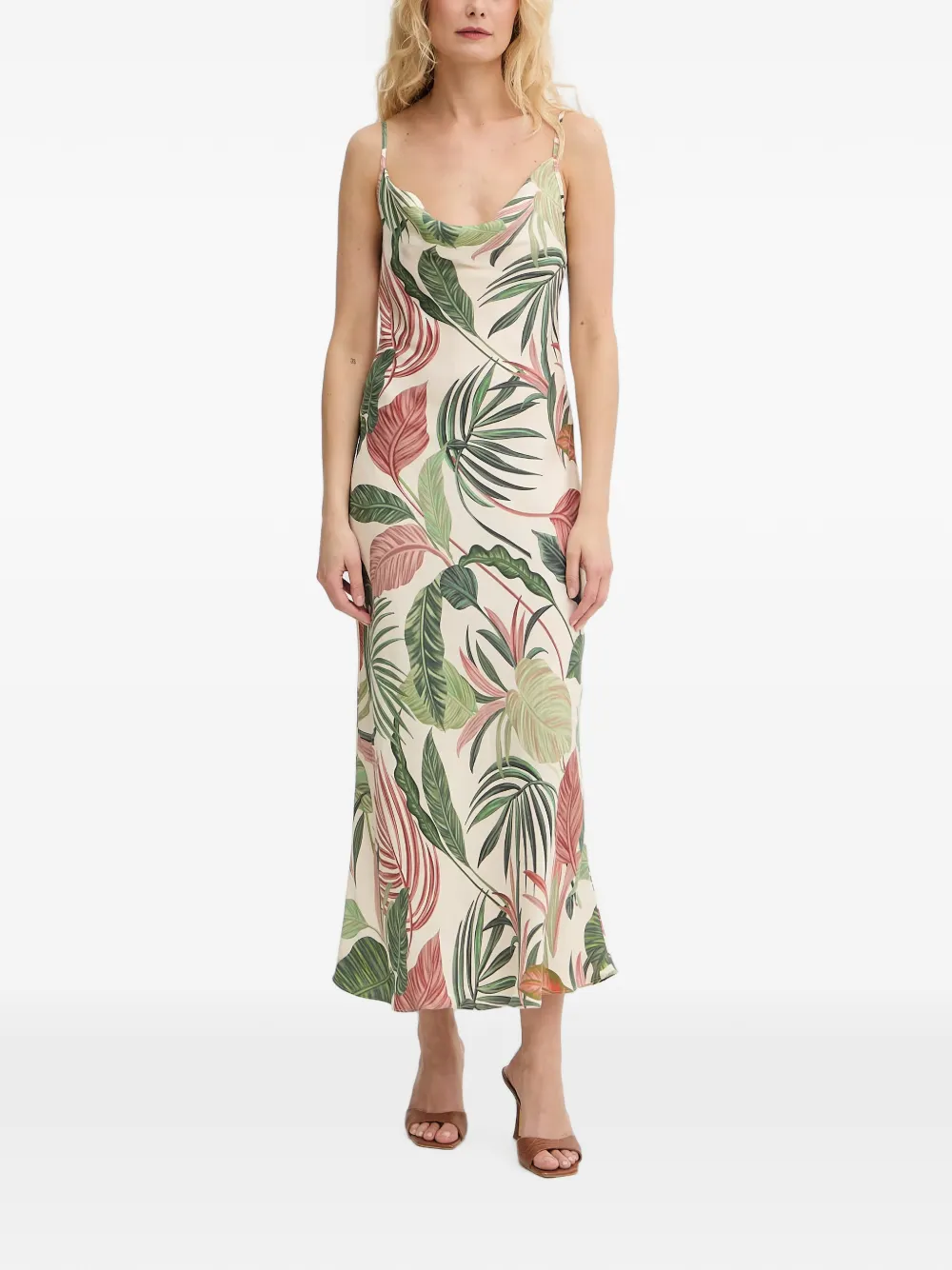 GUESS USA leaf-print cowl-neck midi dress - Neutrals