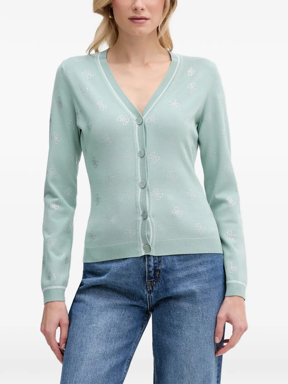 GUESS USA rhinestone-logo V-neck cardigan - Green