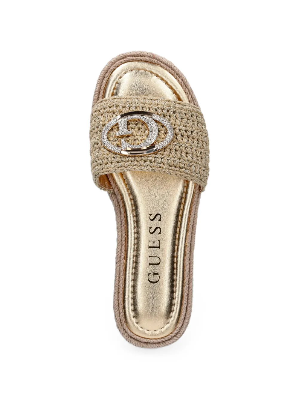 GUESS USA Kaylis logo-plaque crochet-knit slides Beige