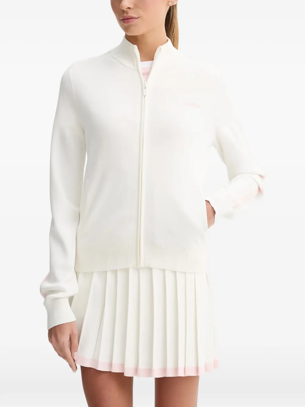 GUESS USA logo-embroidered stripe-detail zip-up sweater - Bianco