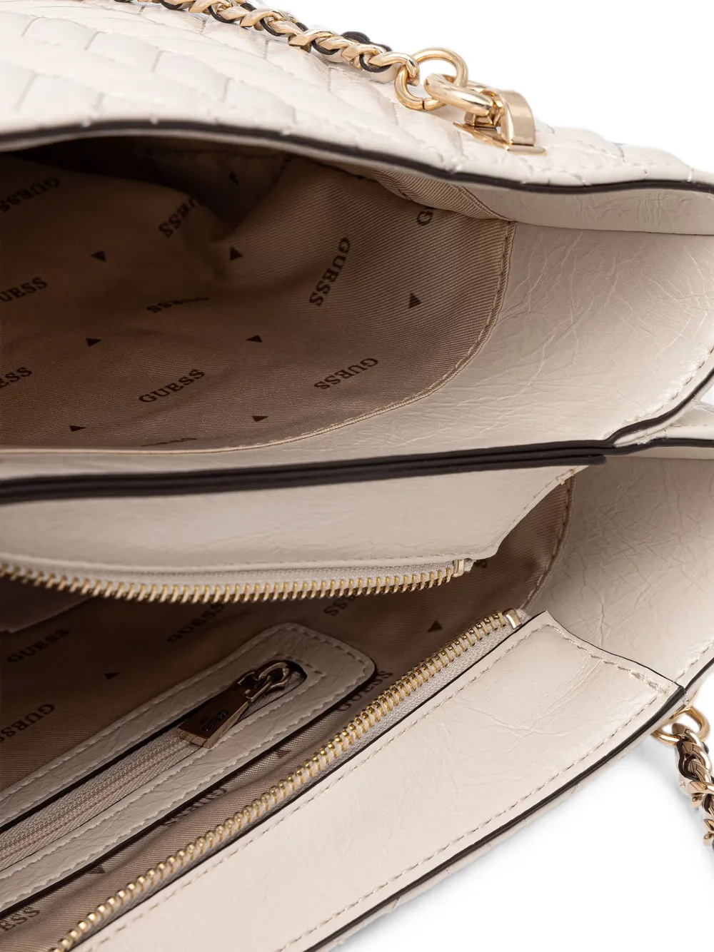 GUESS USA Cheryl gewatteerde shopper met hangslotdetail en chevron-streep Beige