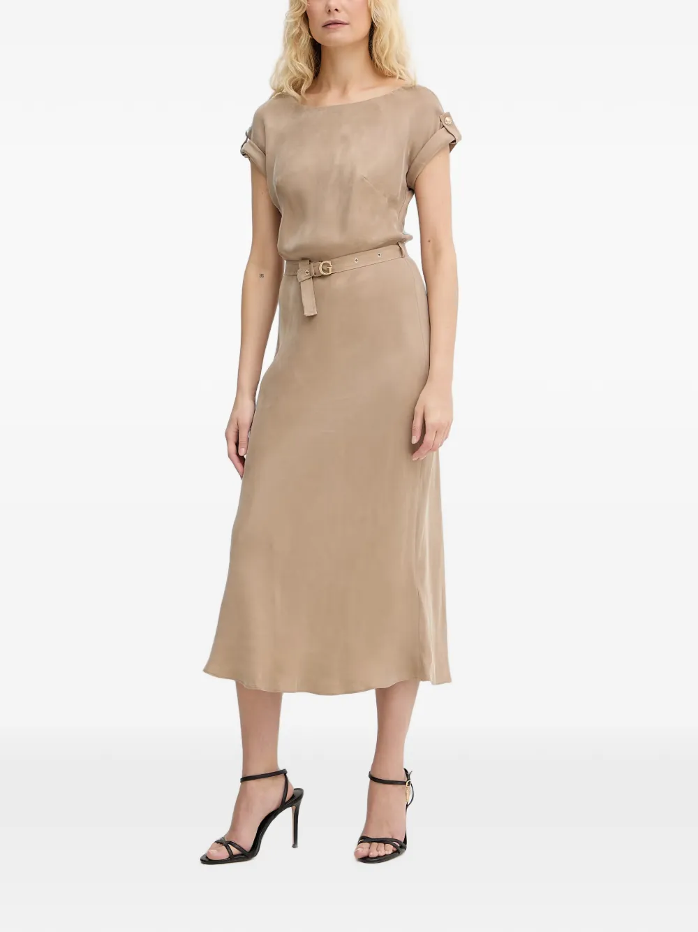 GUESS USA Midi-jurk met knoopdetail en ceintuur Beige