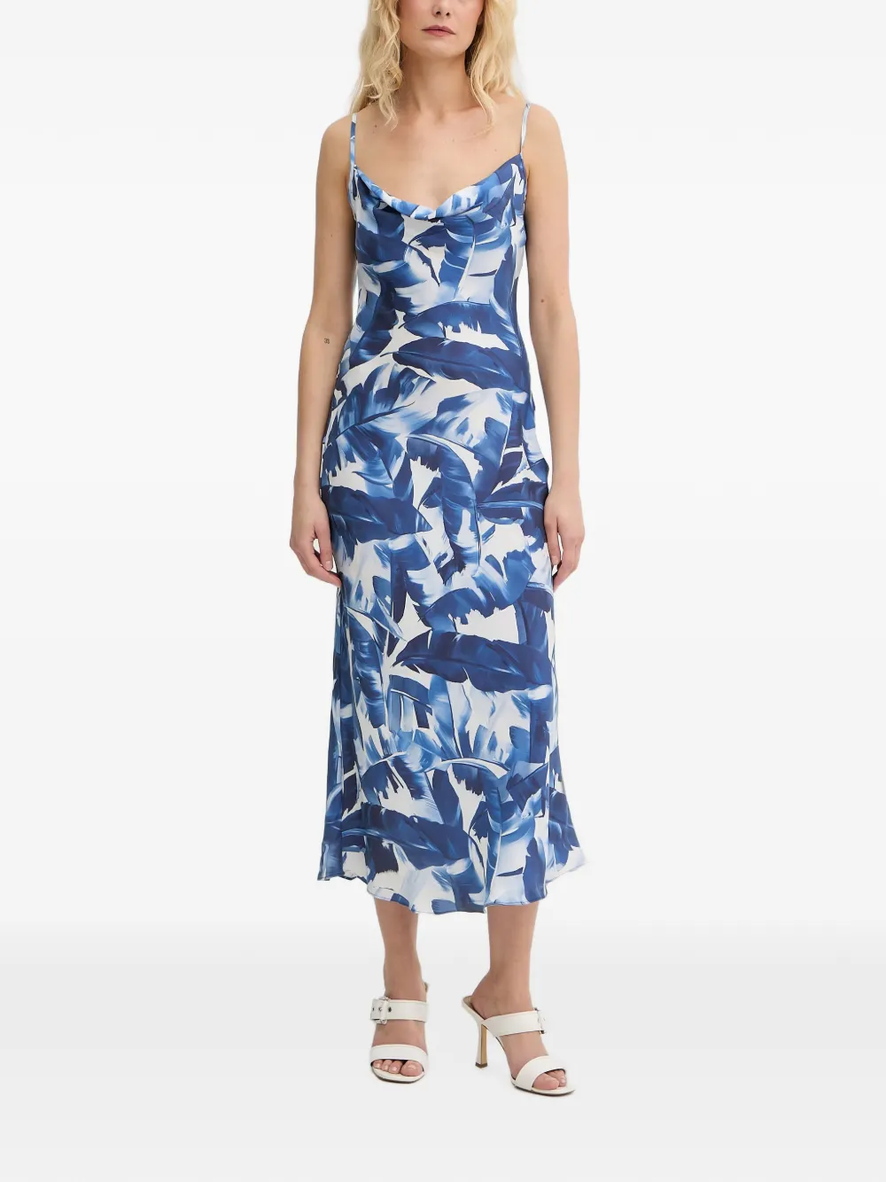 GUESS USA leaf-print cowl-neck midi dress - Blu