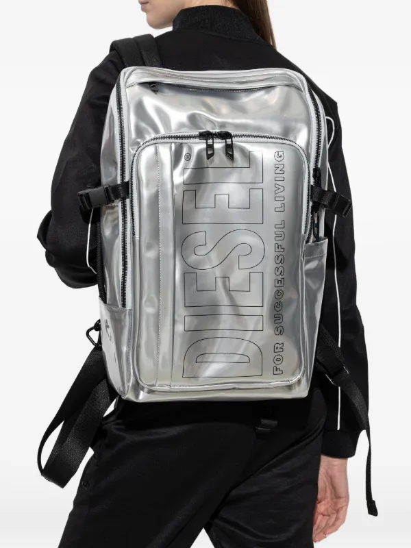 Diesel logo-print metallic-effect Backpack | Silver | FARFETCH