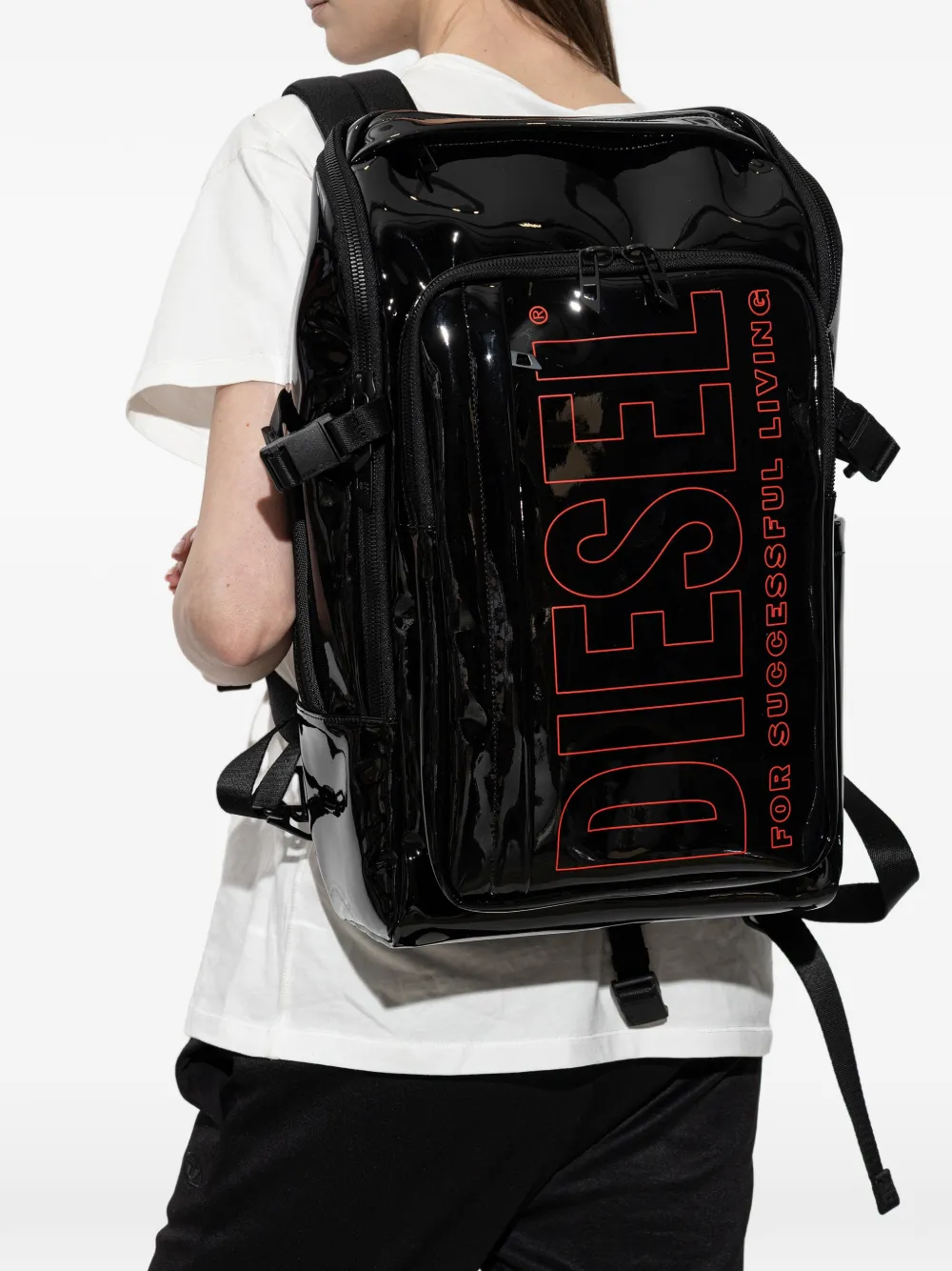 Diesel Gelakte rugzak met logoprint Zwart