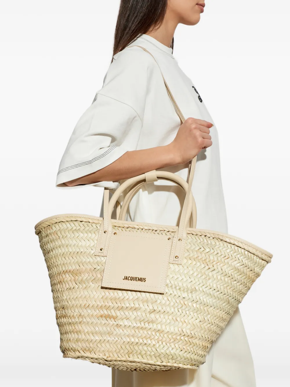 Jacquemus Soli shopper met geweven raffia leren afwerking Beige