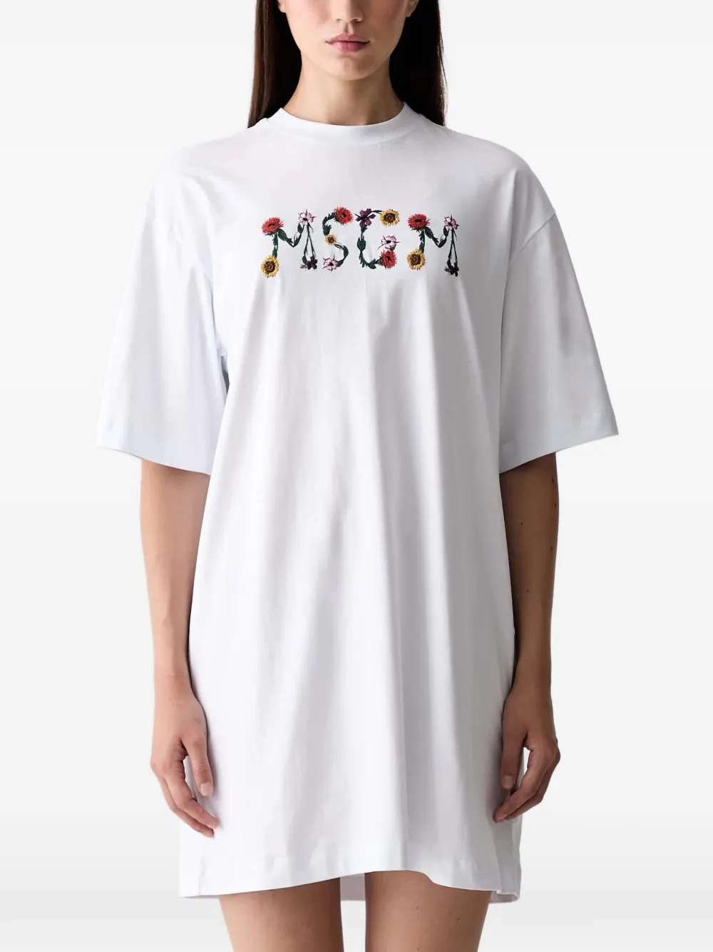 MSGM floral-embroidered mini dress - Bianco