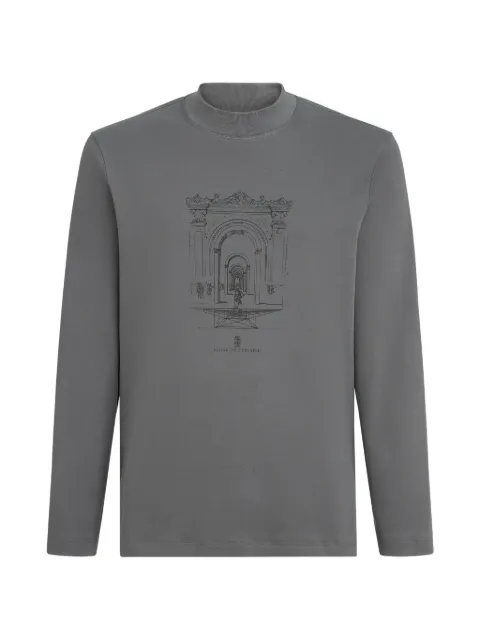 Brunello Cucinelli cotton interlock long-sleeve T-shirt with mock-neck and print