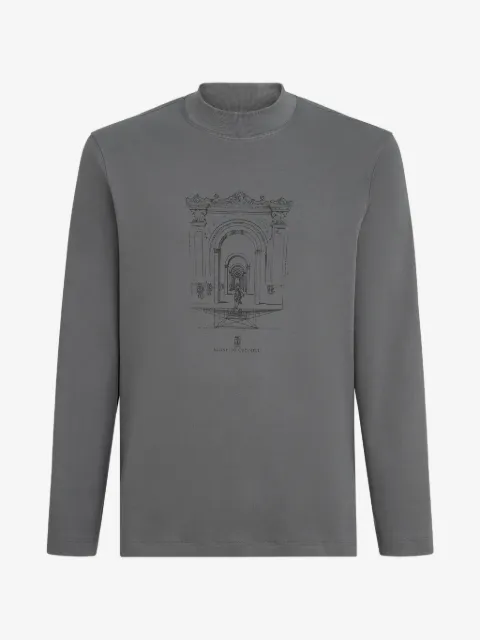 Brunello Cucinelli cotton interlock long-sleeve T-shirt with mock-neck and print