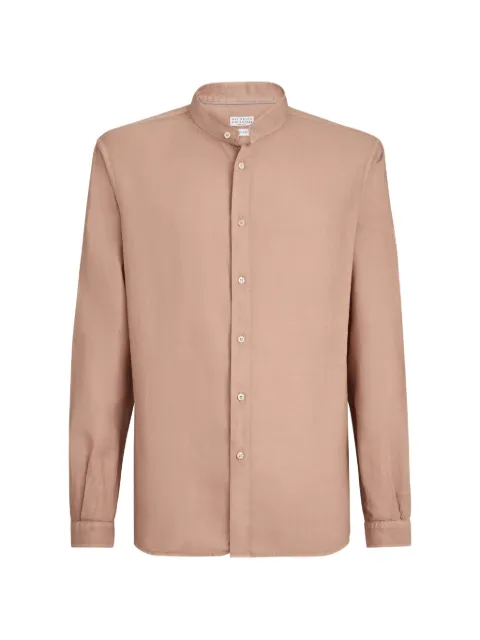 Brunello Cucinelli garment-dyed easy fit shirt in cotton and linen Pinpoint with Mandarin-collar