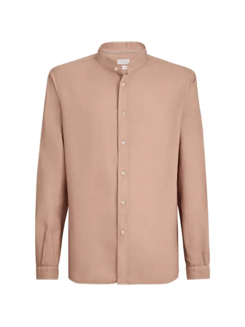 Brunello Cucinelli garment-dyed shirt in cotton and linen pinpoint with Mandarin collar