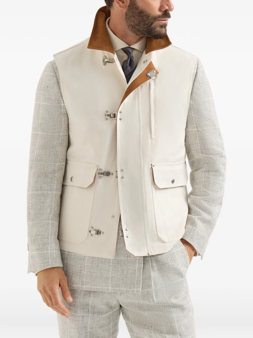 Brunello Cucinelli Katoenen en linnen canvas vest met suède inzetstukken en haakbevestiging Wit