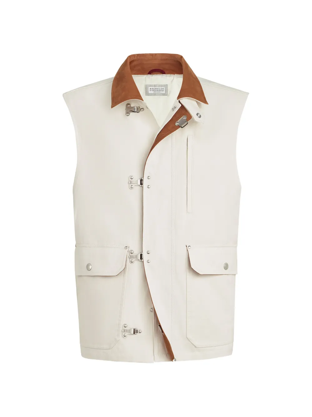 Brunello Cucinelli cotton and linen canvas vest with suede inserts and hook fastening - Bianco
