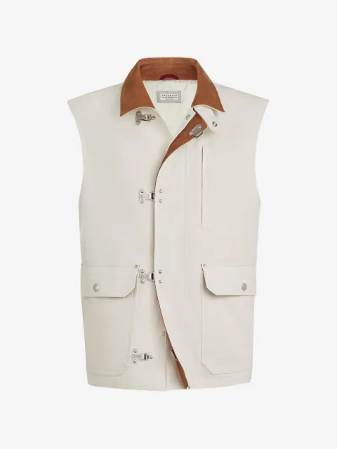 Brunello Cucinelli 绒面皮拼接钩扣开合棉亚麻帆布马甲
