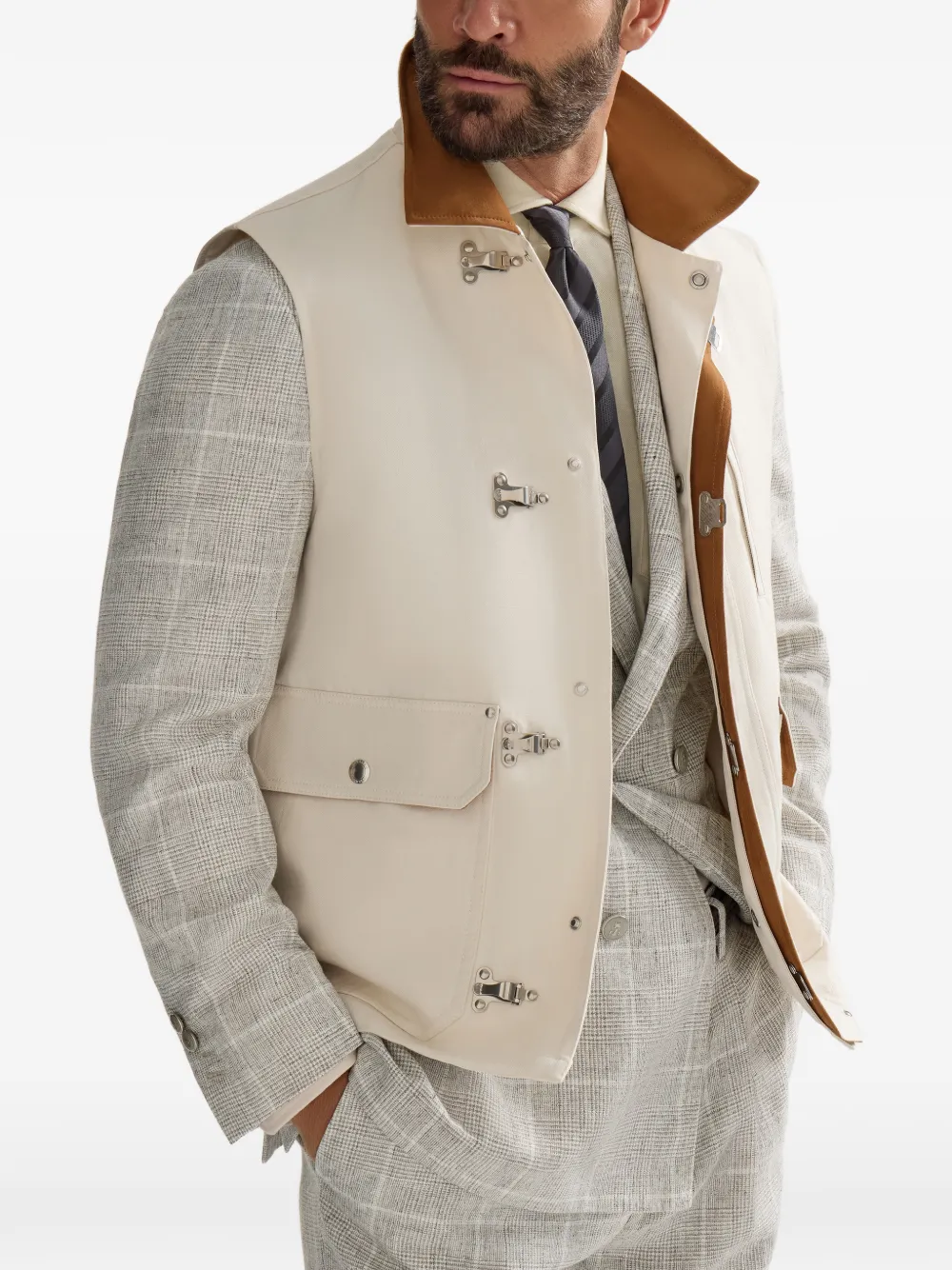 Brunello Cucinelli Katoenen en linnen canvas vest met suède inzetstukken en haakbevestiging Wit