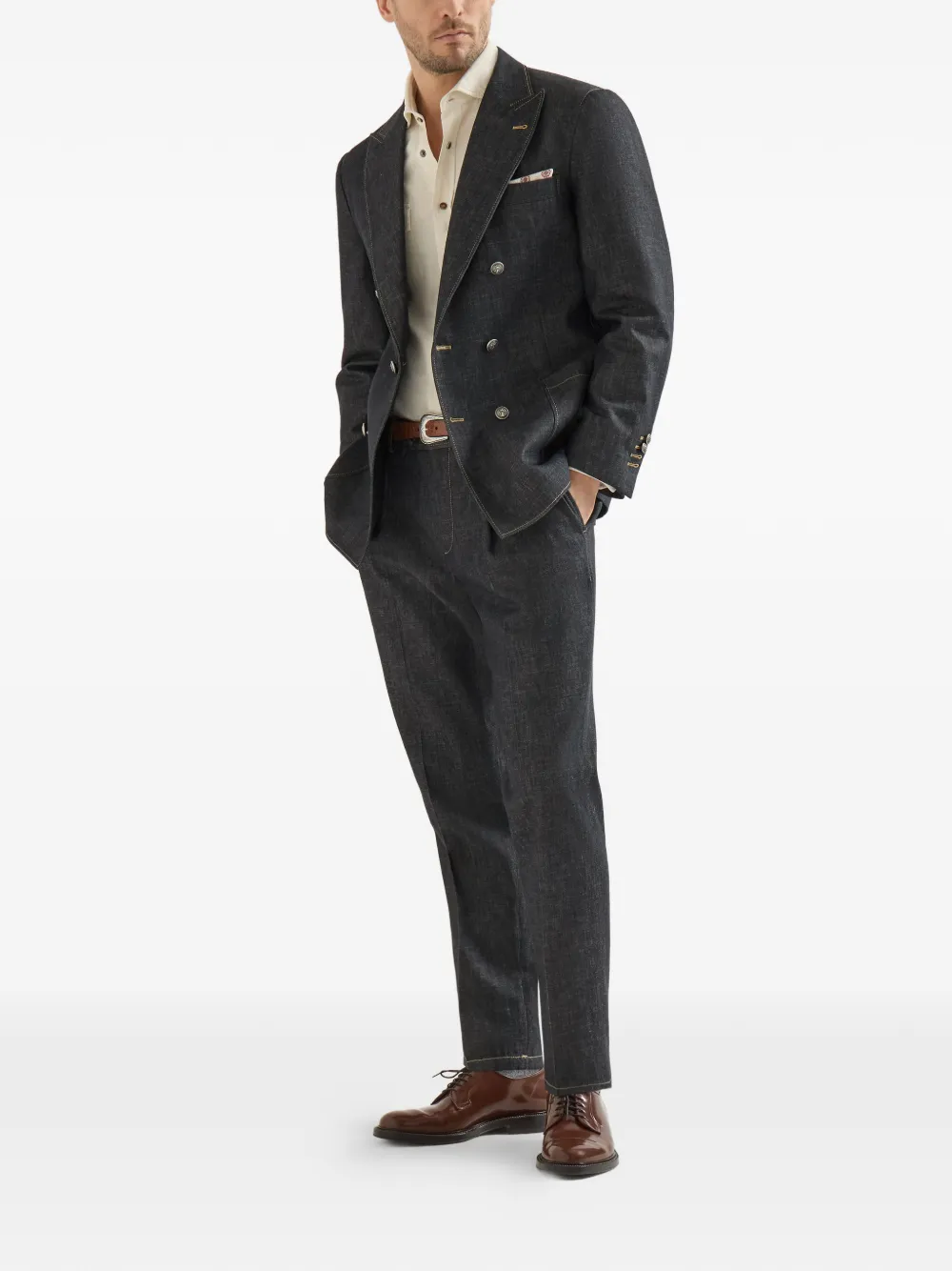 Brunello Cucinelli No-Fade lichtgewicht denim blazer met anderhalve rij knopen en opgestikte zakken Grijs