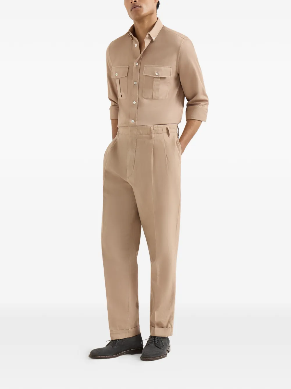 Brunello Cucinelli Broek van katoen en linnen canvas met dubbele plooien Beige