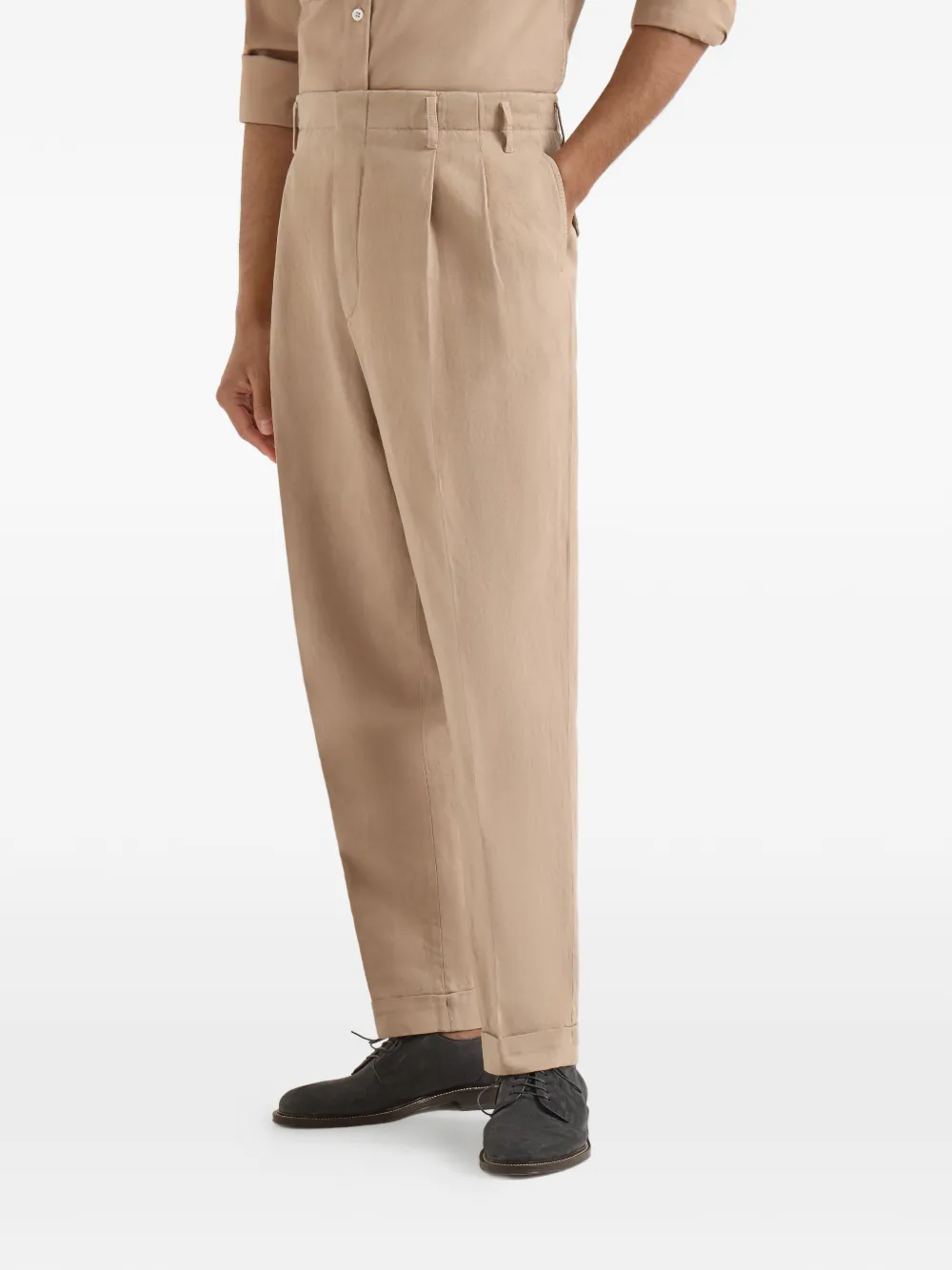 Brunello Cucinelli Broek van katoen en linnen canvas met dubbele plooien Beige