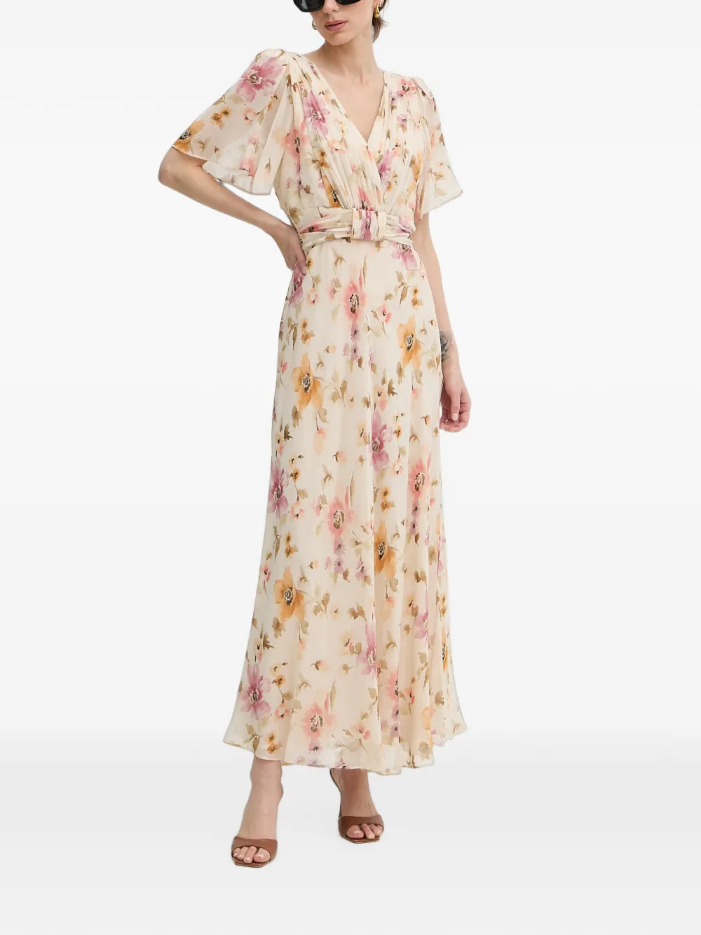 LUISA SPAGNOLI Panneggio maxi-jurk met plooien en bloemenprint Beige