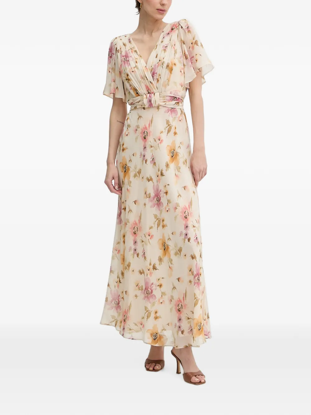 LUISA SPAGNOLI Panneggio maxi-jurk met plooien en bloemenprint Beige