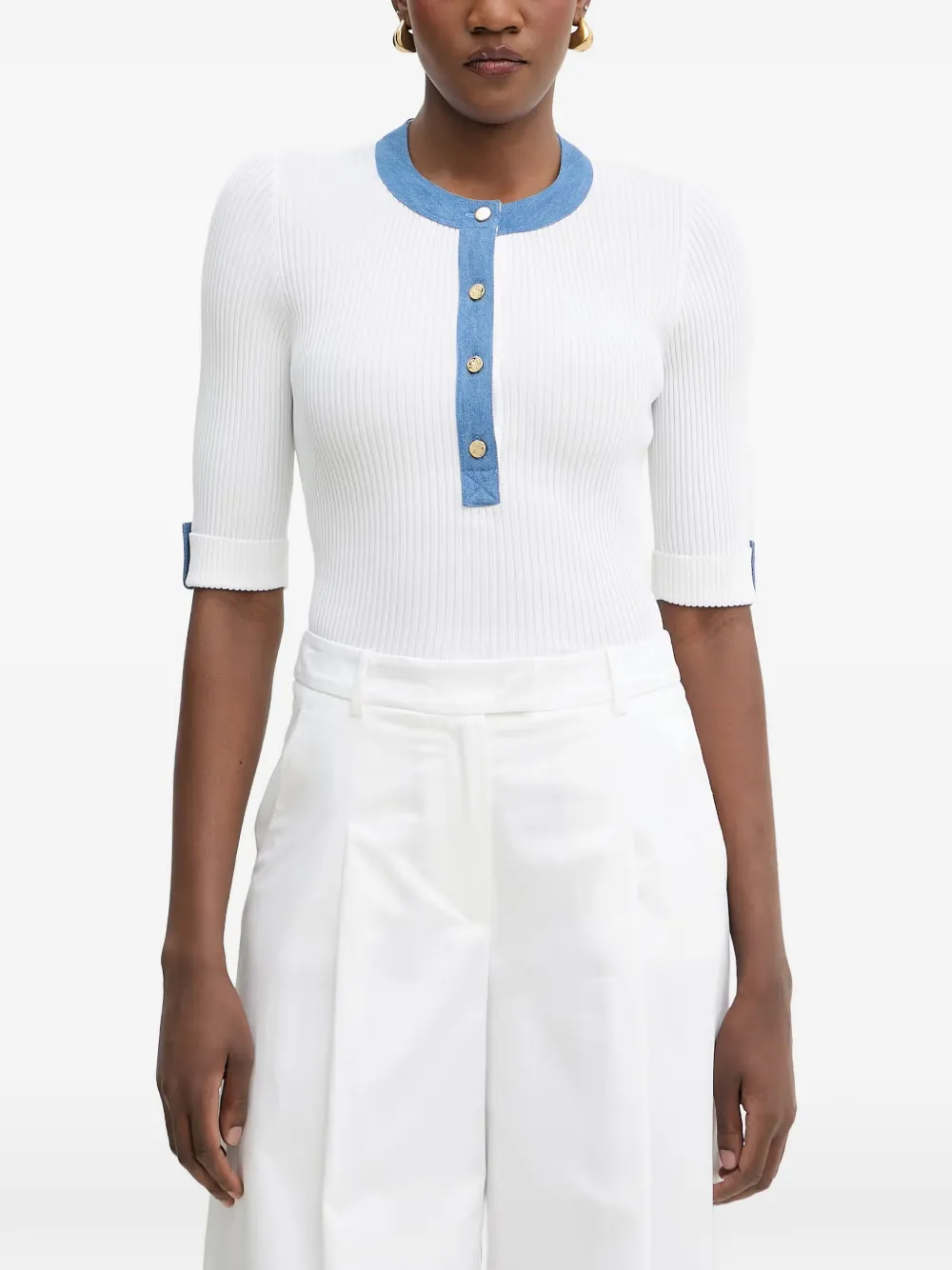 LUISA SPAGNOLI Colli ribbed-knit denim-trim t-shirt - Bianco