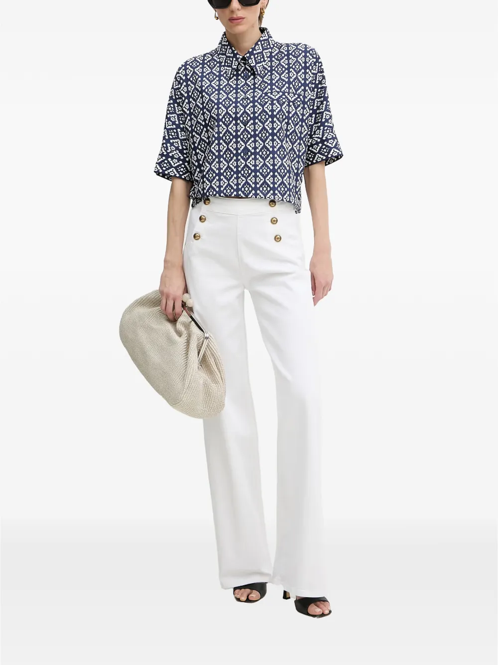 LUISA SPAGNOLI Bilancina blouse met geometrische print en korte mouwen Blauw