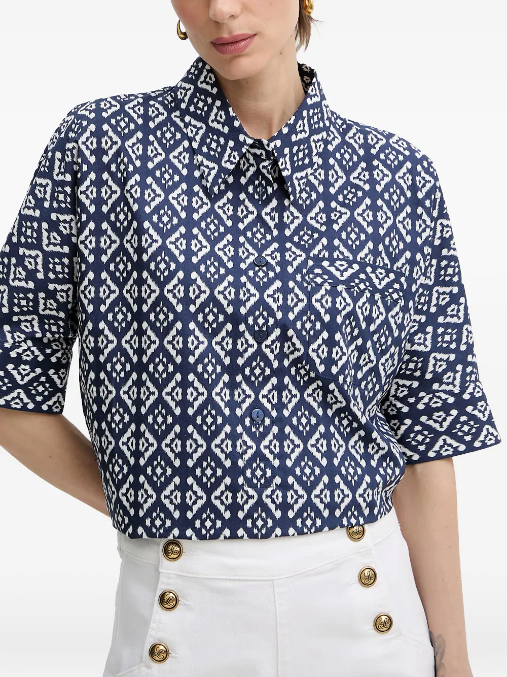 LUISA SPAGNOLI Bilancina blouse met geometrische print en korte mouwen Blauw