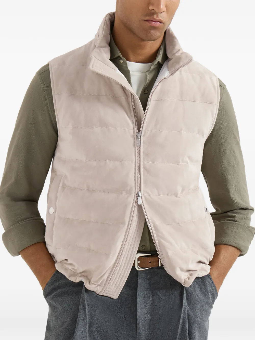 Brunello Cucinelli Suède donsjack met inpakbare capuchon Beige