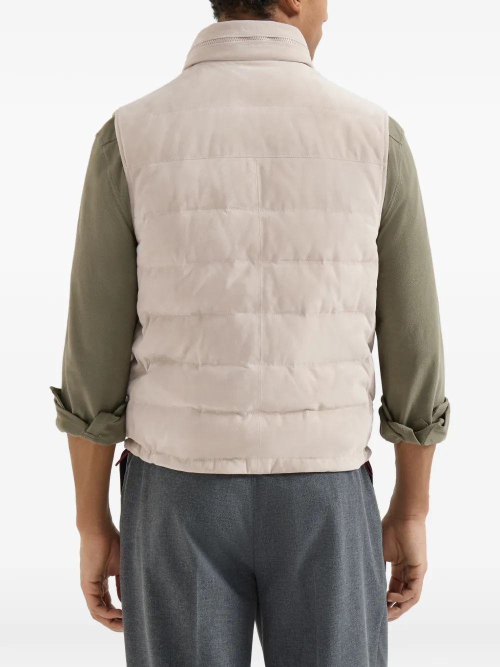 Brunello Cucinelli Suède donsjack met inpakbare capuchon Beige