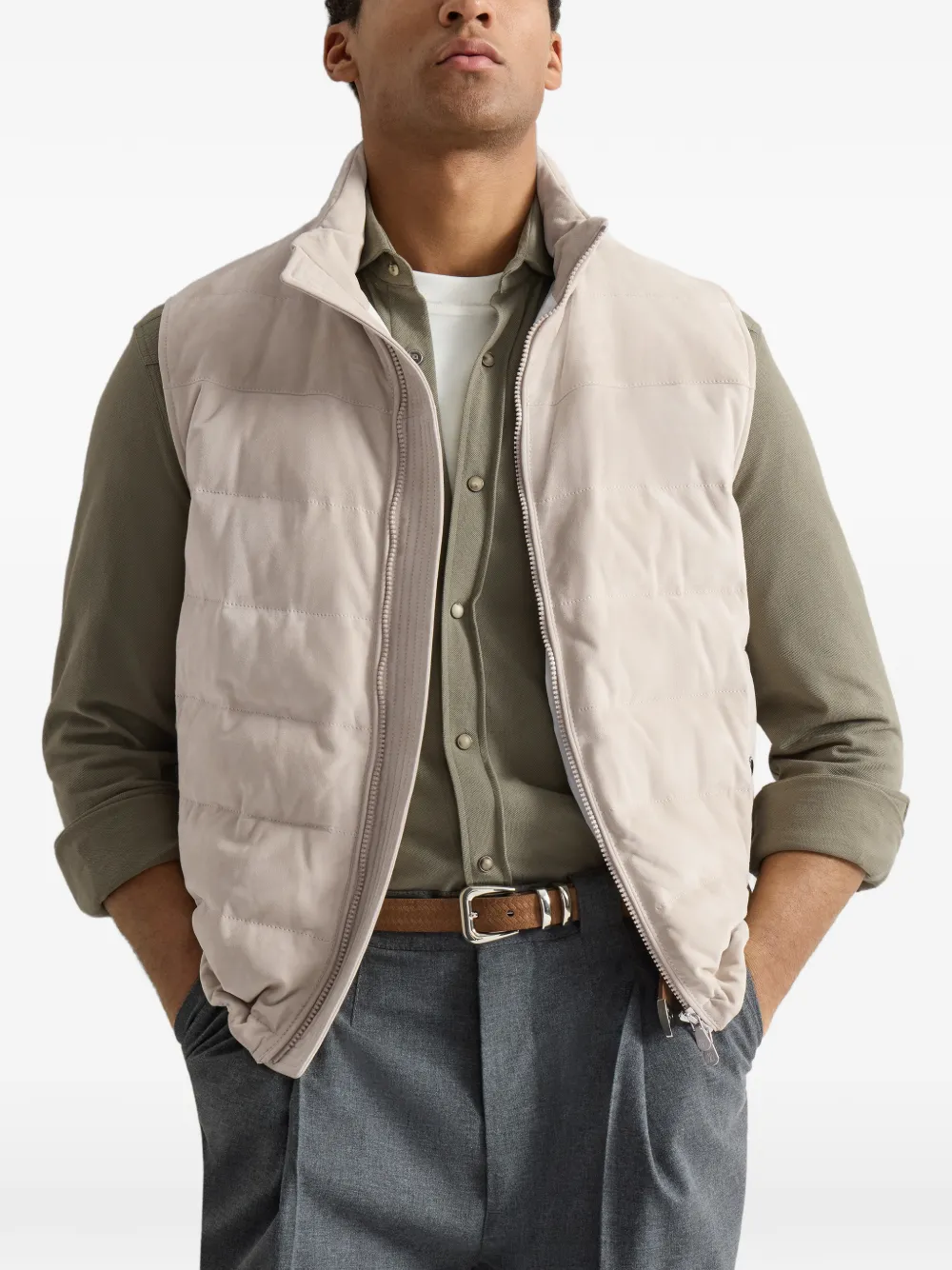 Brunello Cucinelli Suède donsjack met inpakbare capuchon Beige